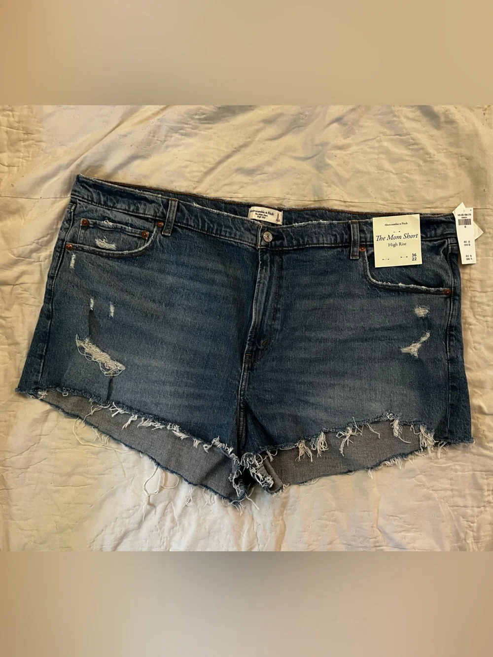 Abercrombie & Fitch Distressed Dark Blue Denim Cutoff “The Mom Short” High-Rise